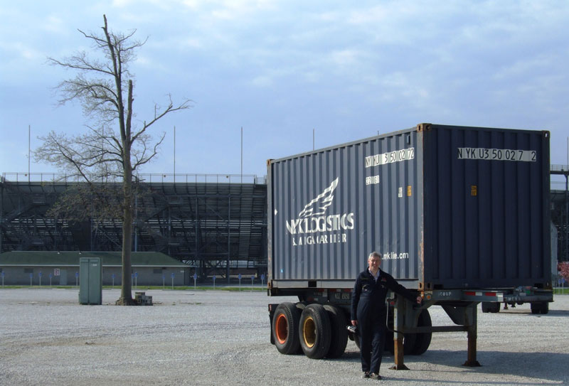 All packed ready to come home. Waiting for the tractor unit in the shadow of the grandstand. 